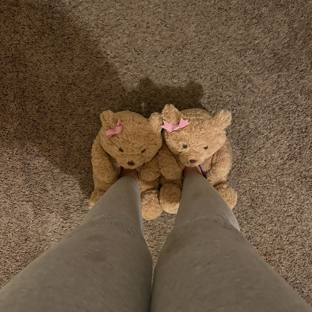 Cozy Bear Slippers with Pink Bows